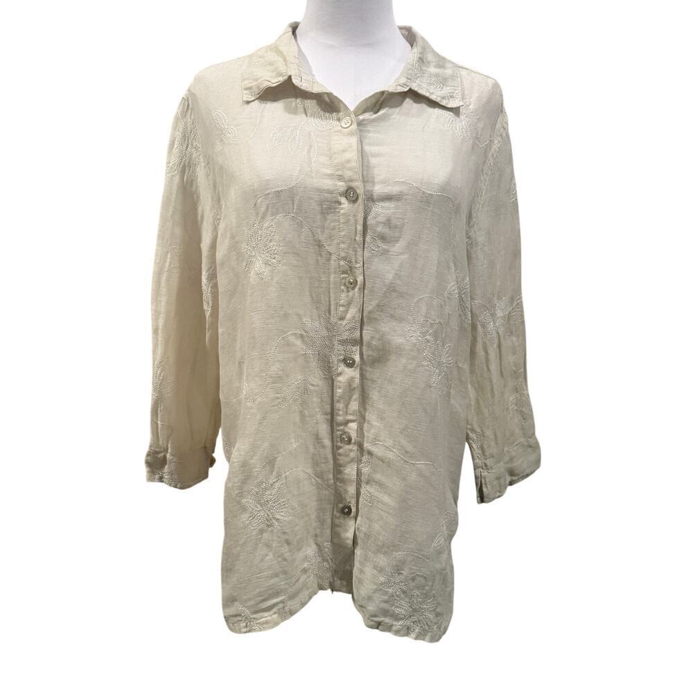 French Laundry Linen Silk Cream Button Up Embroidered XL Resort Chic Vacation